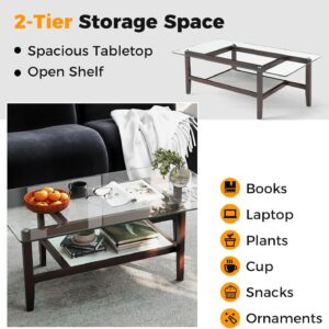Tangkula Glass Coffee Table, 42” 2-Tier Rectangular Center Table with Storage Shelf & Solid Rubber Wood Legs, Modern Cocktail Table for Living Room, Home Office (Brown, 42" x 23.5") - Image 3