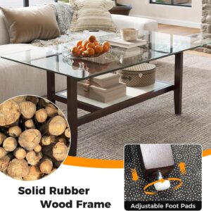 Tangkula Glass Coffee Table, 42” 2-Tier Rectangular Center Table with Storage Shelf & Solid Rubber Wood Legs, Modern Cocktail Table for Living Room, Home Office (Brown, 42" x 23.5") - Image 4