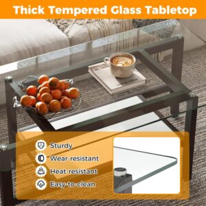 Tangkula Glass Coffee Table, 42” 2-Tier Rectangular Center Table with Storage Shelf & Solid Rubber Wood Legs, Modern Cocktail Table for Living Room, Home Office (Brown, 42" x 23.5") - Image 5