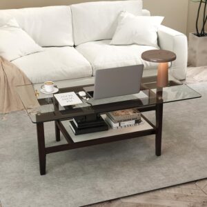 Tangkula Glass Coffee Table, 42” 2-Tier Rectangular Center Table with Storage Shelf & Solid Rubber Wood Legs, Modern Cocktail Table for Living Room, Home Office (Brown, 42" x 23.5") - Image 7