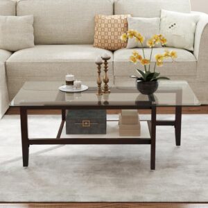 Tangkula Glass Coffee Table, 42” 2-Tier Rectangular Center Table with Storage Shelf & Solid Rubber Wood Legs, Modern Cocktail Table for Living Room, Home Office (Brown, 42" x 23.5") - Image 8