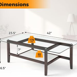 Tangkula Glass Coffee Table, 42” 2-Tier Rectangular Center Table with Storage Shelf & Solid Rubber Wood Legs, Modern Cocktail Table for Living Room, Home Office (Brown, 42" x 23.5") - Image 9