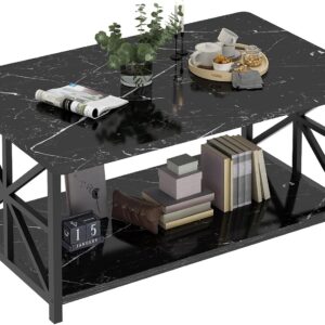 AWQM Faux Marble Coffee Table for Living Room,Modern 2-Tier Coffee Table with Storage,Rectangular Center Table for Sofa,Sturdy Frame,Black - Image 2