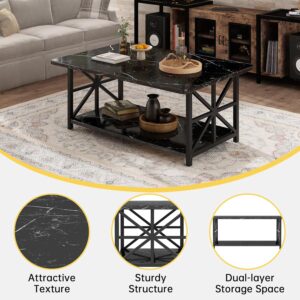 AWQM Faux Marble Coffee Table for Living Room,Modern 2-Tier Coffee Table with Storage,Rectangular Center Table for Sofa,Sturdy Frame,Black - Image 4