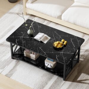 AWQM Faux Marble Coffee Table for Living Room,Modern 2-Tier Coffee Table with Storage,Rectangular Center Table for Sofa,Sturdy Frame,Black - Image 5