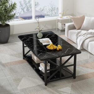 AWQM Faux Marble Coffee Table for Living Room,Modern 2-Tier Coffee Table with Storage,Rectangular Center Table for Sofa,Sturdy Frame,Black - Image 6
