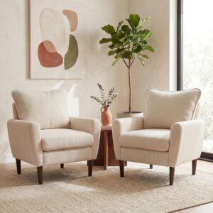 OLIXIS Comfy Accent Chair for Living Room Bedroom and Waiting Room, Upholstered Mid-Century Reading Chair with Pillow and Solid Wood Legs, Wide Singe Modern Lounge Sofa (Beige) - Image 2