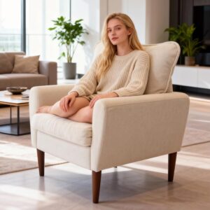 OLIXIS Comfy Accent Chair for Living Room Bedroom and Waiting Room, Upholstered Mid-Century Reading Chair with Pillow and Solid Wood Legs, Wide Singe Modern Lounge Sofa (Beige) - Image 3