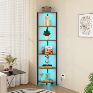 6-Tier Corner Shelf with LED Lights - 65" Tall Narrow Bookshelf, Standing Shelf with Storage Rack, Sturdy Metal Frame & Waterproof Shelves, Rustic Brown, for Living Room/Bedroom/Bathroom - Image 1