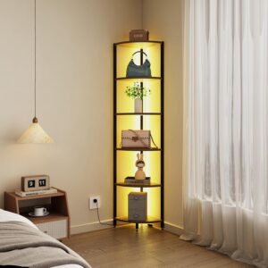 6-Tier Corner Shelf with LED Lights - 65" Tall Narrow Bookshelf, Standing Shelf with Storage Rack, Sturdy Metal Frame & Waterproof Shelves, Rustic Brown, for Living Room/Bedroom/Bathroom - Image 3