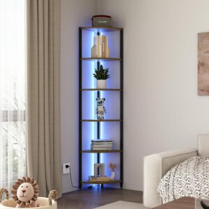 6-Tier Corner Shelf with LED Lights - 65" Tall Narrow Bookshelf, Standing Shelf with Storage Rack, Sturdy Metal Frame & Waterproof Shelves, Rustic Brown, for Living Room/Bedroom/Bathroom - Image 4