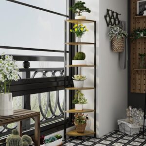 6-Tier Corner Shelf with LED Lights - 65" Tall Narrow Bookshelf, Standing Shelf with Storage Rack, Sturdy Metal Frame & Waterproof Shelves, Rustic Brown, for Living Room/Bedroom/Bathroom - Image 5