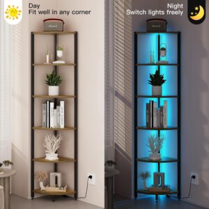 6-Tier Corner Shelf with LED Lights - 65" Tall Narrow Bookshelf, Standing Shelf with Storage Rack, Sturdy Metal Frame & Waterproof Shelves, Rustic Brown, for Living Room/Bedroom/Bathroom - Image 6