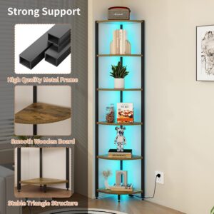 6-Tier Corner Shelf with LED Lights - 65" Tall Narrow Bookshelf, Standing Shelf with Storage Rack, Sturdy Metal Frame & Waterproof Shelves, Rustic Brown, for Living Room/Bedroom/Bathroom - Image 7