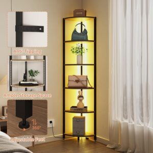 6-Tier Corner Shelf with LED Lights - 65" Tall Narrow Bookshelf, Standing Shelf with Storage Rack, Sturdy Metal Frame & Waterproof Shelves, Rustic Brown, for Living Room/Bedroom/Bathroom - Image 8