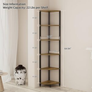 6-Tier Corner Shelf with LED Lights - 65" Tall Narrow Bookshelf, Standing Shelf with Storage Rack, Sturdy Metal Frame & Waterproof Shelves, Rustic Brown, for Living Room/Bedroom/Bathroom - Image 9