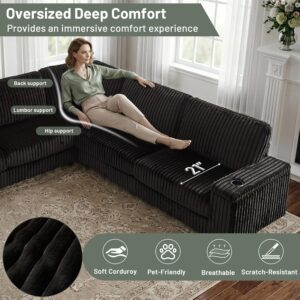 MAKIAAP Oversized L-Shaped Sectional Sofa, Plush Corduroy Deep Seat Couch, Large V Shaped Corner Couch with Storage, USB Charging, Cup Holder, Modern Upholstered Sectional for Living Room (Black) - Image 4