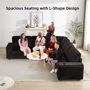MAKIAAP Oversized L-Shaped Sectional Sofa, Plush Corduroy Deep Seat Couch, Large V Shaped Corner Couch with Storage, USB Charging, Cup Holder, Modern Upholstered Sectional for Living Room (Black) - Image 5