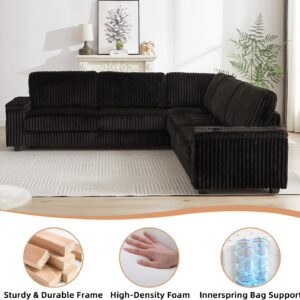 MAKIAAP Oversized L-Shaped Sectional Sofa, Plush Corduroy Deep Seat Couch, Large V Shaped Corner Couch with Storage, USB Charging, Cup Holder, Modern Upholstered Sectional for Living Room (Black) - Image 6
