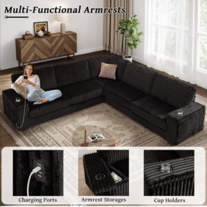 MAKIAAP Oversized L-Shaped Sectional Sofa, Plush Corduroy Deep Seat Couch, Large V Shaped Corner Couch with Storage, USB Charging, Cup Holder, Modern Upholstered Sectional for Living Room (Black) - Image 7