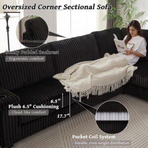 MAKIAAP Oversized L-Shaped Sectional Sofa, Plush Corduroy Deep Seat Couch, Large V Shaped Corner Couch with Storage, USB Charging, Cup Holder, Modern Upholstered Sectional for Living Room (Black) - Image 8