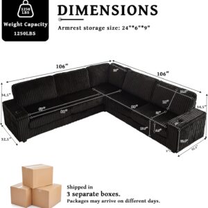 MAKIAAP Oversized L-Shaped Sectional Sofa, Plush Corduroy Deep Seat Couch, Large V Shaped Corner Couch with Storage, USB Charging, Cup Holder, Modern Upholstered Sectional for Living Room (Black) - Image 9