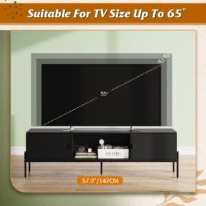 WLIVE TV Stand for 65 Inch TV, Mid Century Modern Entainment Center with 2 Storage Cabinets & Open Shelf, TV Console Table Media with Metal Legs for Living Room, Bedroom, Black - Image 6