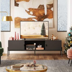 WLIVE TV Stand for 65 Inch TV, Mid Century Modern Entainment Center with 2 Storage Cabinets & Open Shelf, TV Console Table Media with Metal Legs for Living Room, Bedroom, Black - Image 7