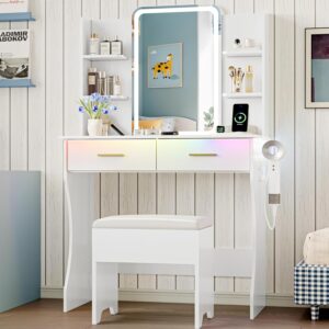 Vanity Desk with LED Lights Mirror & Power Outlet, Small Makeup Vanity Table Set with Storage Drawers & Chair, 3 Lighting Modes & Adjustable Brightness, Dressing Table for Women Girls Bedroom, White - Image 3