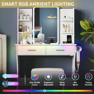 Vanity Desk with LED Lights Mirror & Power Outlet, Small Makeup Vanity Table Set with Storage Drawers & Chair, 3 Lighting Modes & Adjustable Brightness, Dressing Table for Women Girls Bedroom, White - Image 4