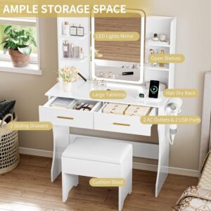 Vanity Desk with LED Lights Mirror & Power Outlet, Small Makeup Vanity Table Set with Storage Drawers & Chair, 3 Lighting Modes & Adjustable Brightness, Dressing Table for Women Girls Bedroom, White - Image 6