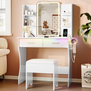Vanity Desk with LED Lights Mirror & Power Outlet, Small Makeup Vanity Table Set with Storage Drawers & Chair, 3 Lighting Modes & Adjustable Brightness, Dressing Table for Women Girls Bedroom, White - Image 8