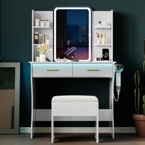 Vanity Desk with LED Lights Mirror & Power Outlet, Small Makeup Vanity Table Set with Storage Drawers & Chair, 3 Lighting Modes & Adjustable Brightness, Dressing Table for Women Girls Bedroom, White - Image 9