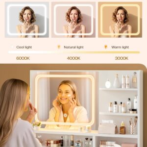 LIVELYGLOW Makeup Vanity Desk with Smart LED Mirror & Charging Station, 35.4" White Vanity Table Set with Cushioned Stool, 4 Drawers & Hairdryer Rack, Modern Bedroom Dressing Table-White - Image 3