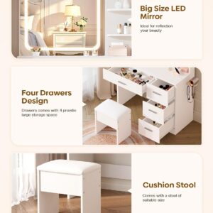 LIVELYGLOW Makeup Vanity Desk with Smart LED Mirror & Charging Station, 35.4" White Vanity Table Set with Cushioned Stool, 4 Drawers & Hairdryer Rack, Modern Bedroom Dressing Table-White - Image 4
