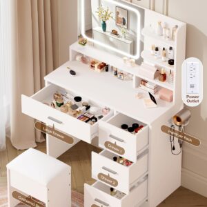 LIVELYGLOW Makeup Vanity Desk with Smart LED Mirror & Charging Station, 35.4" White Vanity Table Set with Cushioned Stool, 4 Drawers & Hairdryer Rack, Modern Bedroom Dressing Table-White - Image 5