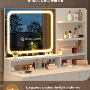 LIVELYGLOW Makeup Vanity Desk with Smart LED Mirror & Charging Station, 35.4" White Vanity Table Set with Cushioned Stool, 4 Drawers & Hairdryer Rack, Modern Bedroom Dressing Table-White - Image 8