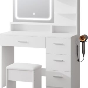 LIVELYGLOW Makeup Vanity Desk with Smart LED Mirror & Charging Station, 35.4" White Vanity Table Set with Cushioned Stool, 4 Drawers & Hairdryer Rack, Modern Bedroom Dressing Table-White - Image 9