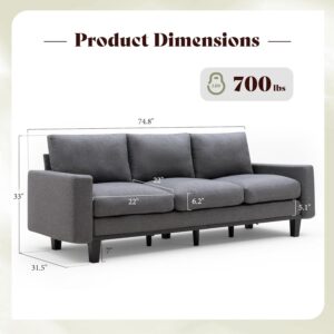 AMERLIFE 3 Seater Sofa with Deep Seat, 74.8" Modern Fabric Couch for Living Room, Full Metal Support, Pet-Friendly Comfy Sofa, Standard Couch for Bedroom & Apartment, Grey Linen - Image 9
