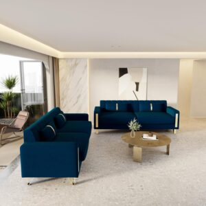 2-Piece Couch Set for Living Room, 85.63" Blue Velvet Sofa Set with Gold Metal Legs, Elegant Upholstered 3 Seater Comfy Couch (Blue 3+3 Set) - Image 3