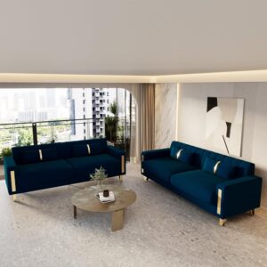 2-Piece Couch Set for Living Room, 85.63" Blue Velvet Sofa Set with Gold Metal Legs, Elegant Upholstered 3 Seater Comfy Couch (Blue 3+3 Set) - Image 4