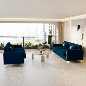 2-Piece Couch Set for Living Room, 85.63" Blue Velvet Sofa Set with Gold Metal Legs, Elegant Upholstered 3 Seater Comfy Couch (Blue 3+3 Set) - Image 5