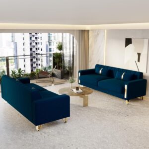 2-Piece Couch Set for Living Room, 85.63" Blue Velvet Sofa Set with Gold Metal Legs, Elegant Upholstered 3 Seater Comfy Couch (Blue 3+3 Set) - Image 6