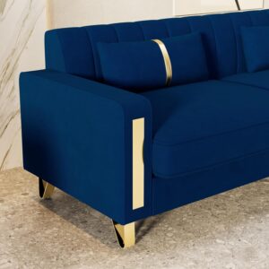 2-Piece Couch Set for Living Room, 85.63" Blue Velvet Sofa Set with Gold Metal Legs, Elegant Upholstered 3 Seater Comfy Couch (Blue 3+3 Set) - Image 9