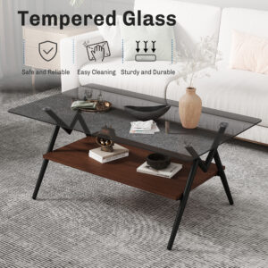 Rectangular Two Layer Coffee Table with Tempered Glass Top and Black Metal for Living Room Furniture - Image 1