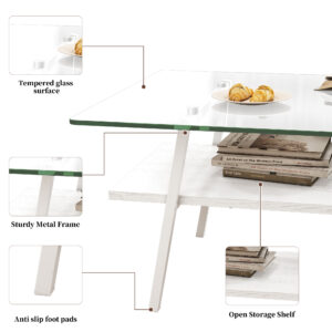Rectangular Two Layer Coffee Table with Tempered Glass Top and Black Metal for Living Room Furniture - Image 5