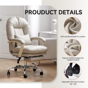 EMIAH Ergonomic Office Chair with Foot Rest Criss Cross Chair with Wheels Reclining Executive Office Chair Mid Back PU Leather Swivel Computer Chairs Lumbar Support for Home Office (Beige) - Image 4