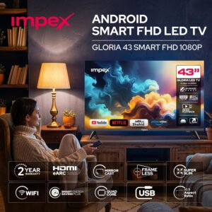 Impex 43-Inch Full HD Smart LED TV - Android, Quad Core, Frameless, A+ Panel, Wi-Fi, 2 HDMI, 2 USB, RJ45, 1920x1080 Resolution, 178° View, Slim Design, 2 Year Warranty - Gloria 43 Smart Black - Image 2