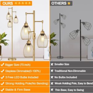 Dimmable Floor Lamp, Industrial Floor Lamps for Living Room, Gold Tree Lamp Standing Lamp Tall Lamps with 3 Elegant Teardrop Cage Head & 800 Lumens LED Bulbs for Living room Bedroom Office Dining Room - Image 2