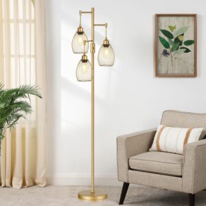 Dimmable Floor Lamp, Industrial Floor Lamps for Living Room, Gold Tree Lamp Standing Lamp Tall Lamps with 3 Elegant Teardrop Cage Head & 800 Lumens LED Bulbs for Living room Bedroom Office Dining Room - Image 9
